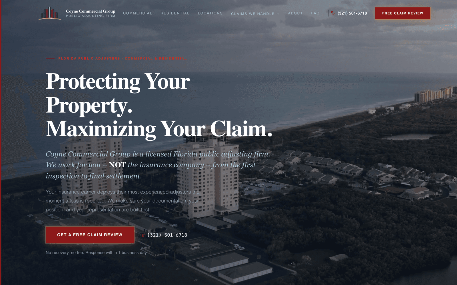 Coyne Commercial Group homepage with aerial Florida coastline hero