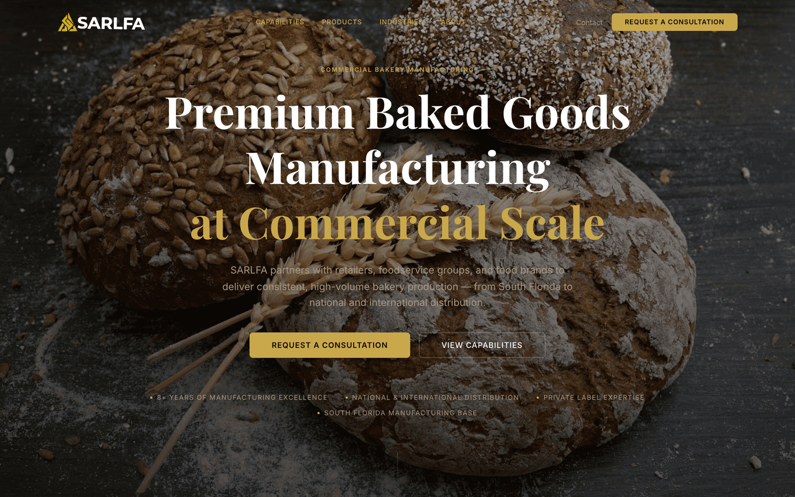 SARLFA homepage with artisan bread hero, commercial bakery manufacturing